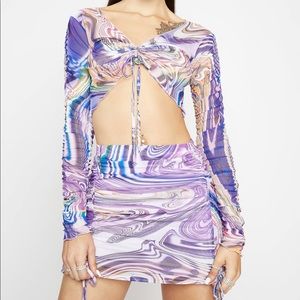 DOLLS KILL LAVENDER HYPNOTIC HABITS RUCHED SKIRT SET